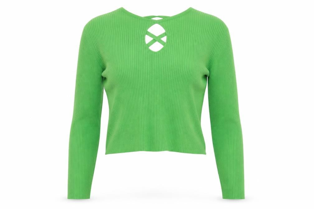 Front view of Miss Selfridge Women's Green Ribbed Tie Front Cardigan UK 12