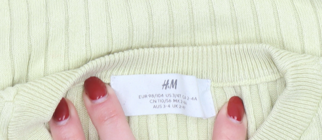 H&M Girls Yellow Ribbed Pullover Jumper UK 2-4 Years Viscose Blend Crew Neck