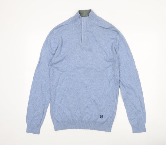 White Stuff Men’s Blue 1/4 Zip Cotton Cashmere Jumper Small