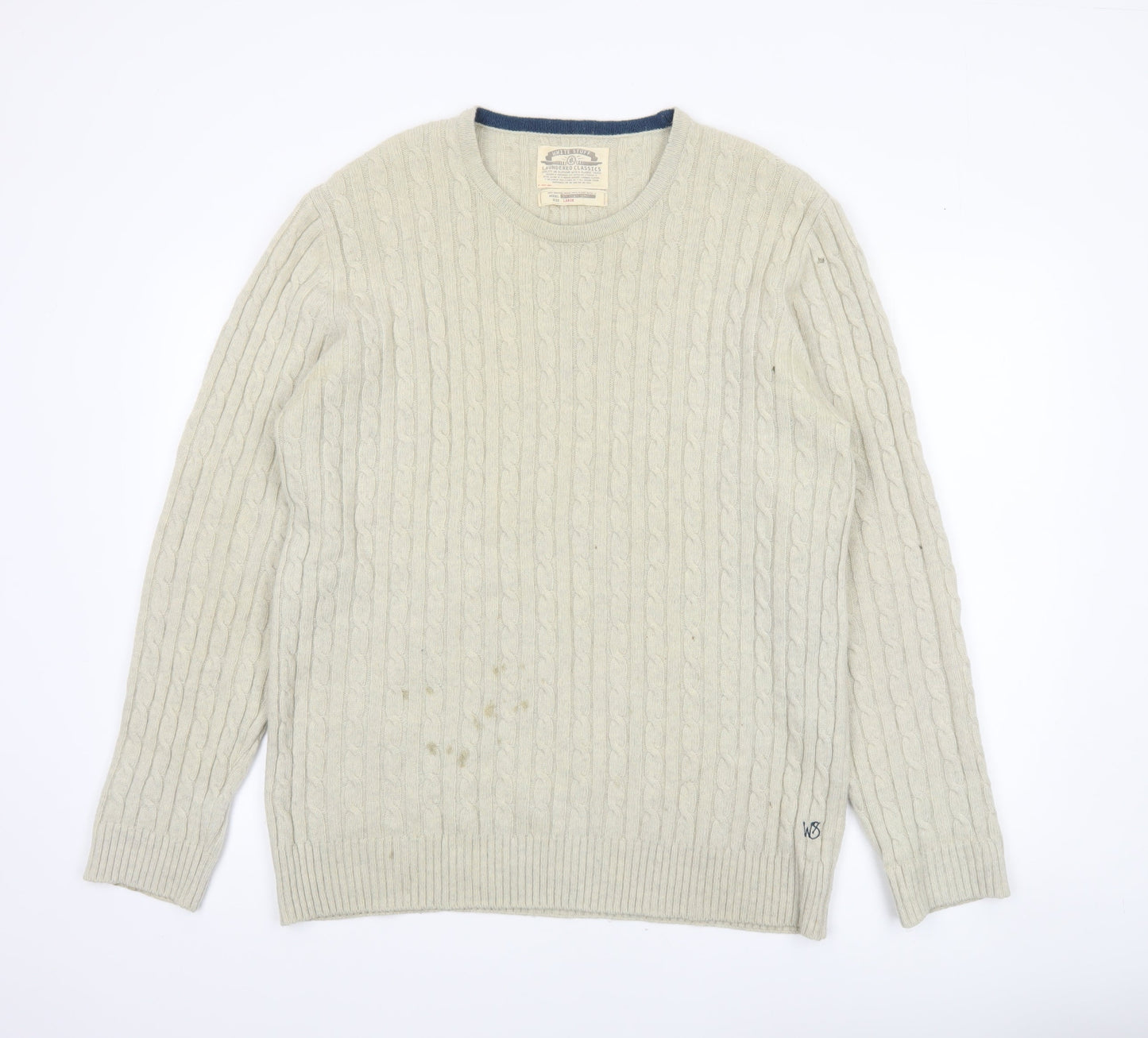 White Stuff Men's Beige Lambswool Cable-Knit Jumper Size L