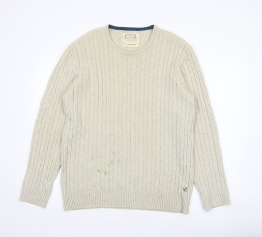 White Stuff Men's Beige Lambswool Cable-Knit Jumper Size L