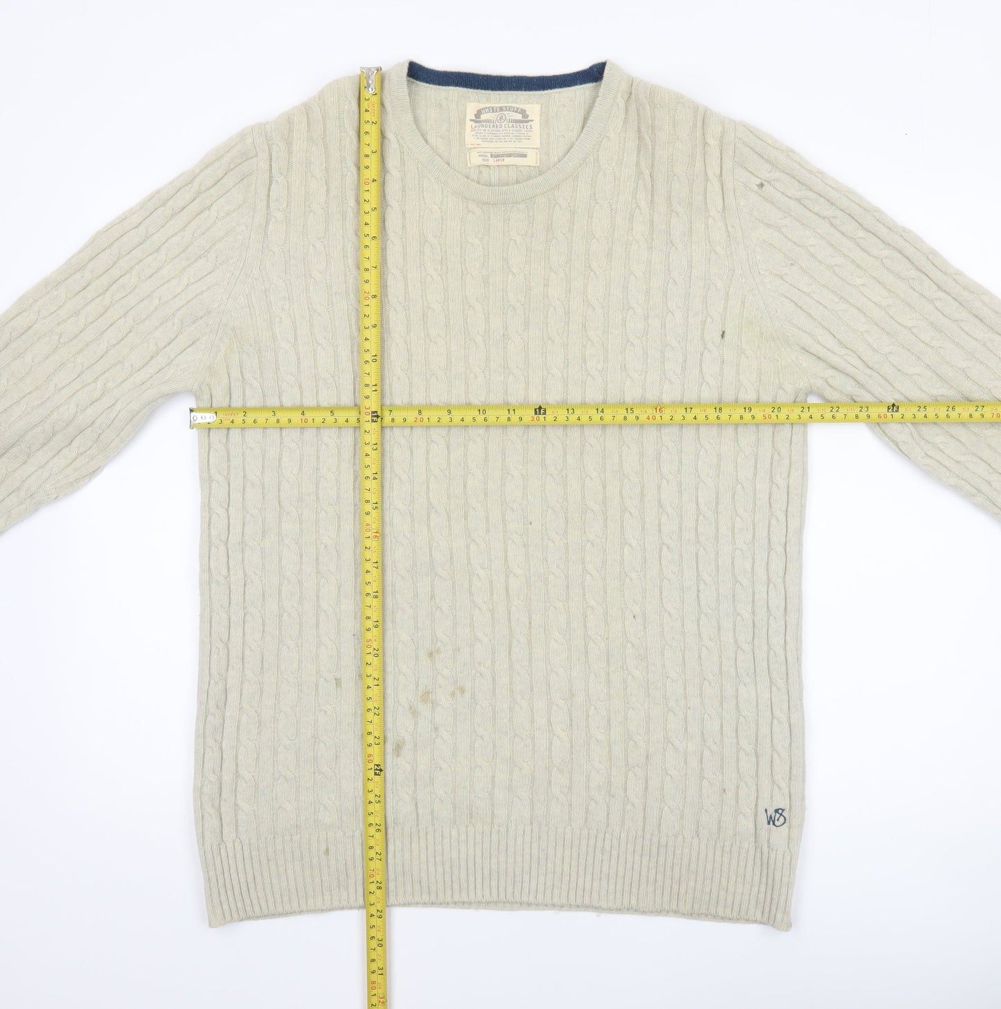 White Stuff Men's Beige Lambswool Cable-Knit Jumper Size L