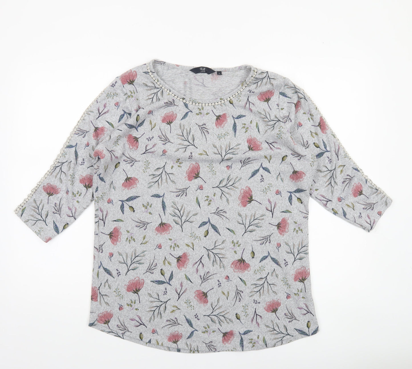 Isle Collection Women's Grey Floral 3/4 Sleeve Pullover Jumper Size M