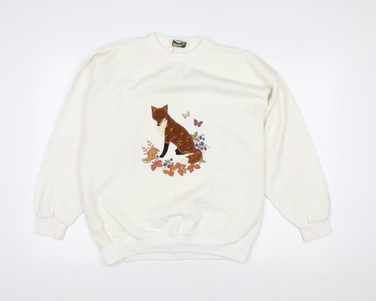 Acorn Leisure Womens Ivory Fox Embroidered Pullover Sweatshirt Size 12