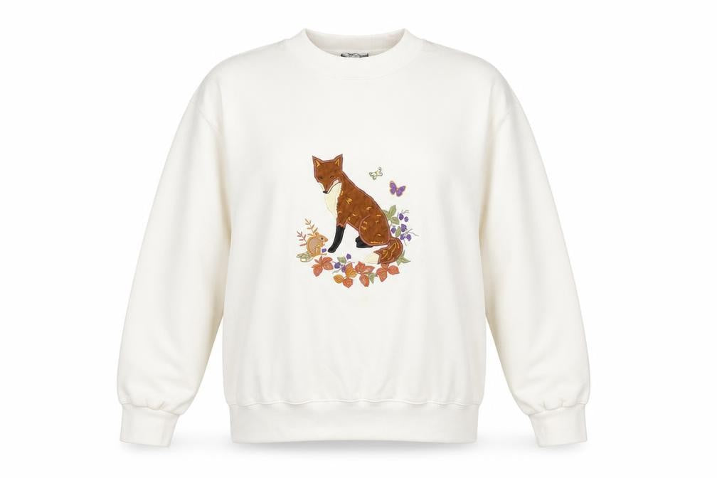 Acorn Leisure Womens Ivory Fox Embroidered Pullover Sweatshirt Size 12