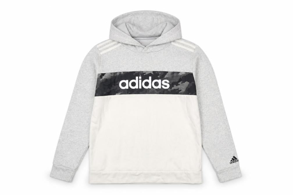 Front view of Adidas girls’ grey pullover hoodie 14 years logo sportswear sweatshirt