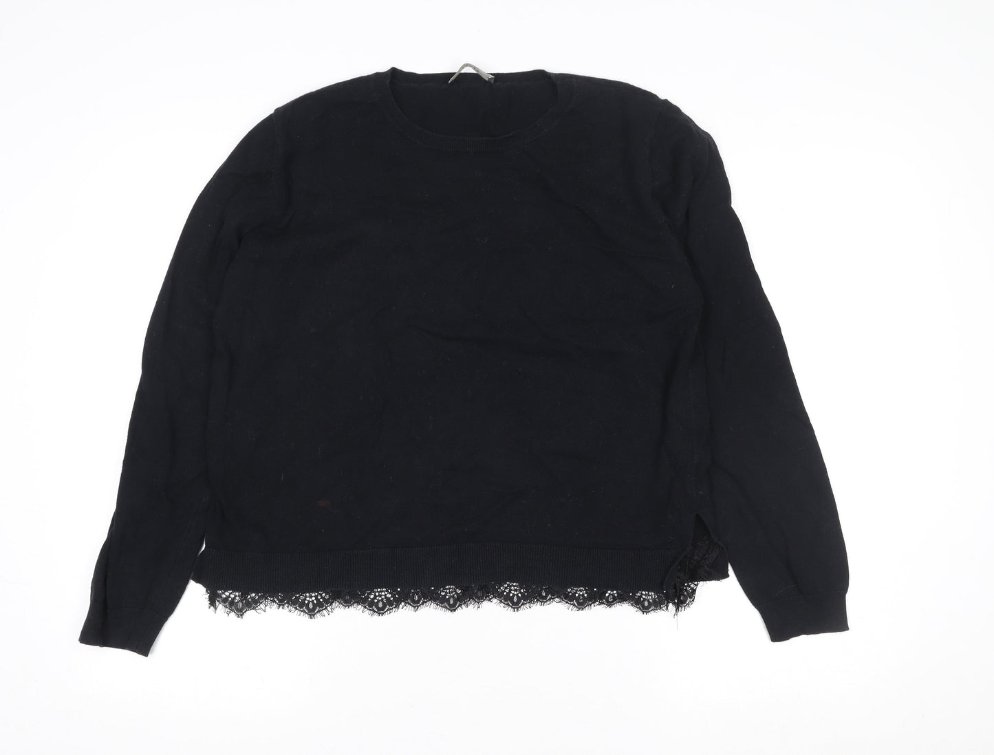 Oasis Womens Black Lace Hem Long Sleeve Cotton Blend Blouse Size XL