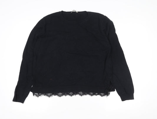 Oasis Womens Black Lace Hem Long Sleeve Cotton Blend Blouse Size XL
