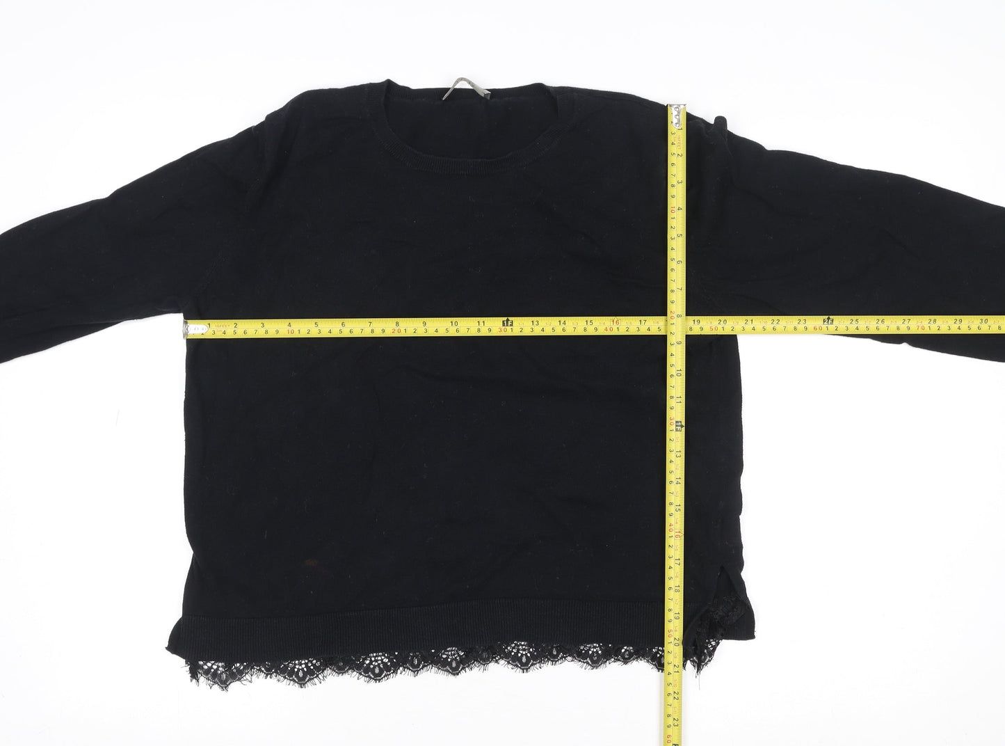 Oasis Womens Black Lace Hem Long Sleeve Cotton Blend Blouse Size XL