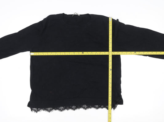 Oasis Womens Black Lace Hem Long Sleeve Cotton Blend Blouse Size XL