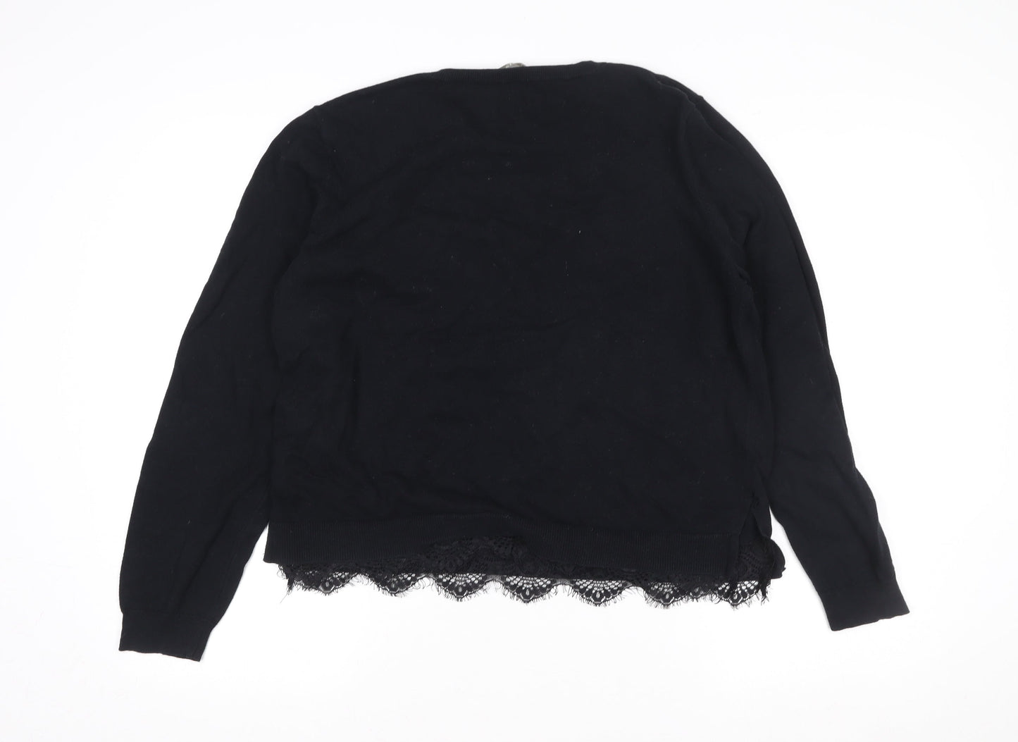 Oasis Womens Black Lace Hem Long Sleeve Cotton Blend Blouse Size XL