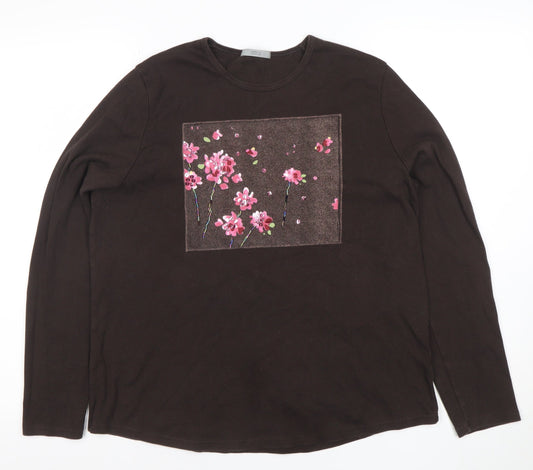 Marks and Spencer Womens Brown Floral Embroidered Long Sleeve Cotton T-Shirt Size 18