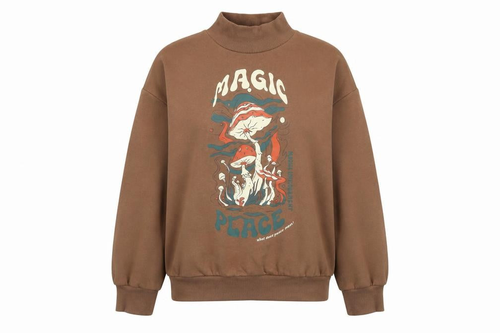 Front view of Destination girls’ brown graphic high neck pullover sweatshirt 9-10 years