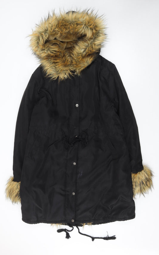 Roiiii Womens Black Faux Fur Trim Hooded Parka Coat Size L Winter Warm