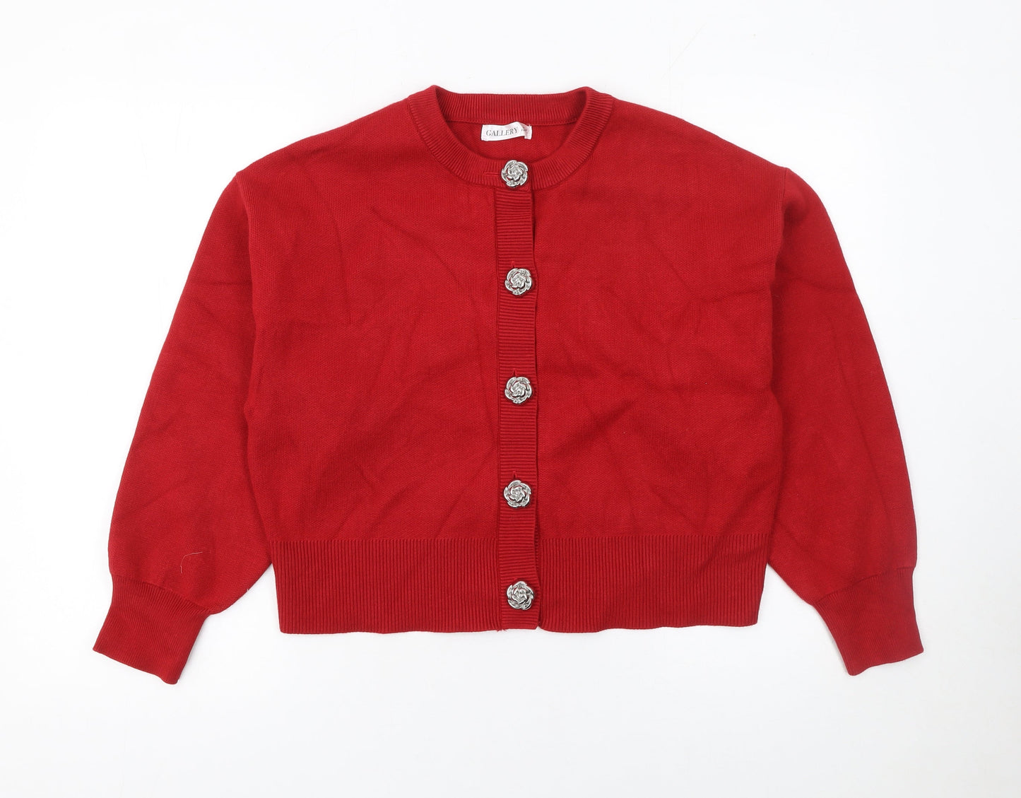 Gallery Women Red Cardigan Medium Viscose Blend Floral Button Knit