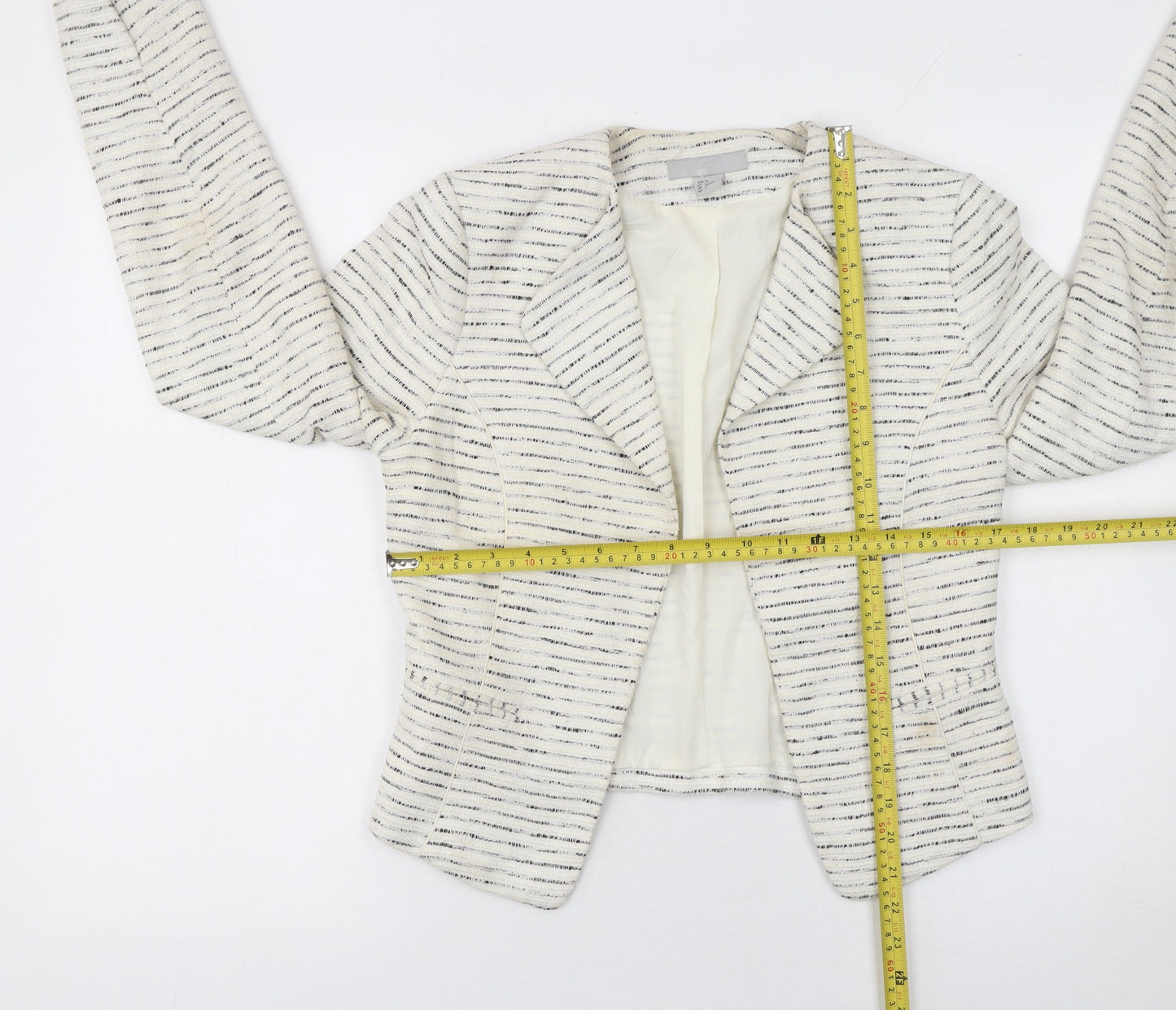 H&M Women Ivory Bouclé Striped Blazer Size 8 Tailored Jacket