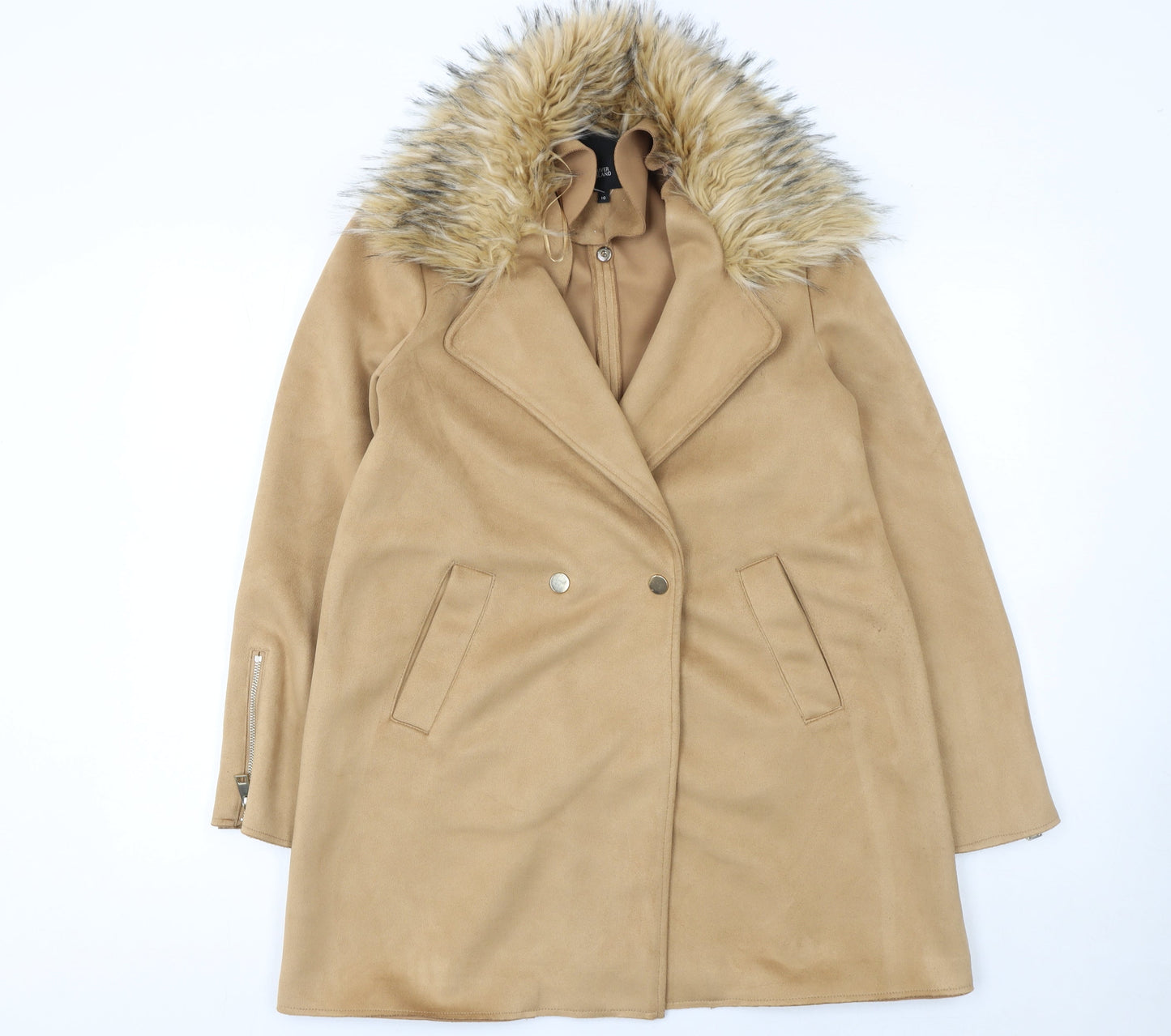 River Island Women Beige Faux Fur Trim Overcoat Size 10