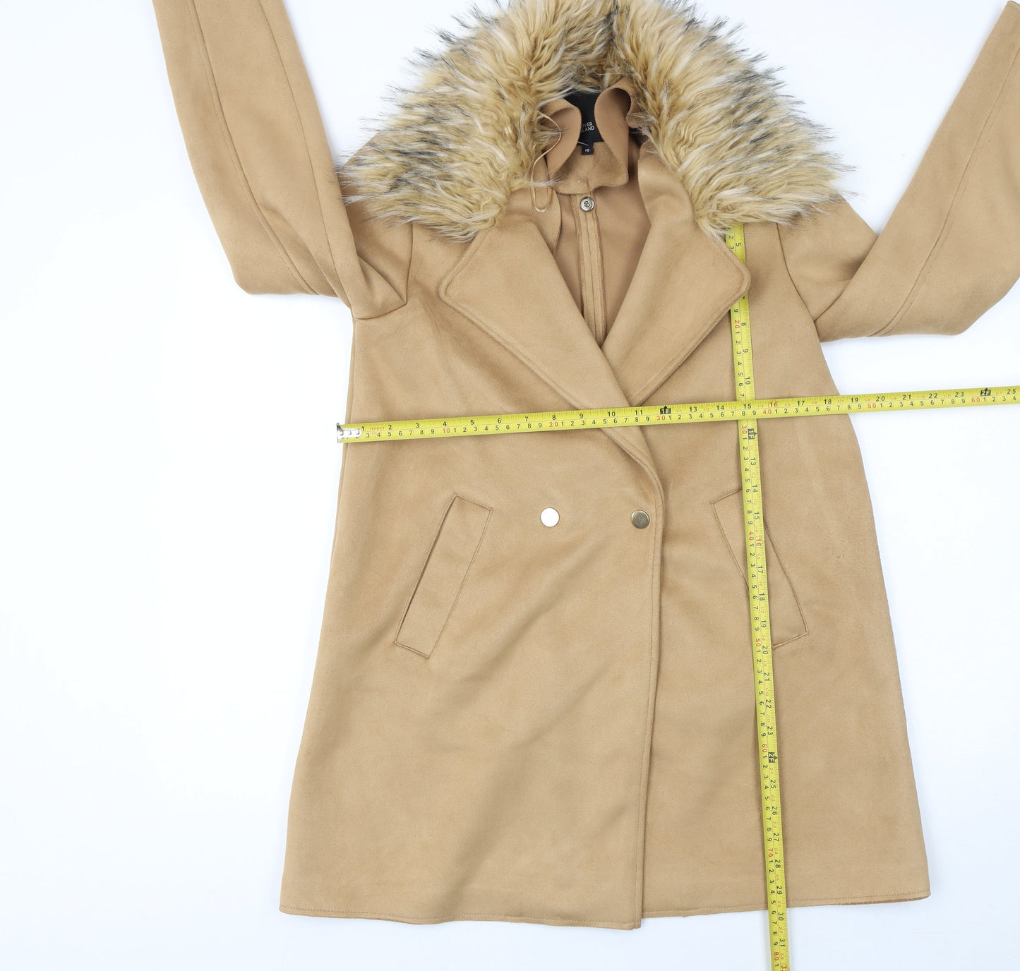 River Island Women Beige Faux Fur Trim Overcoat Size 10
