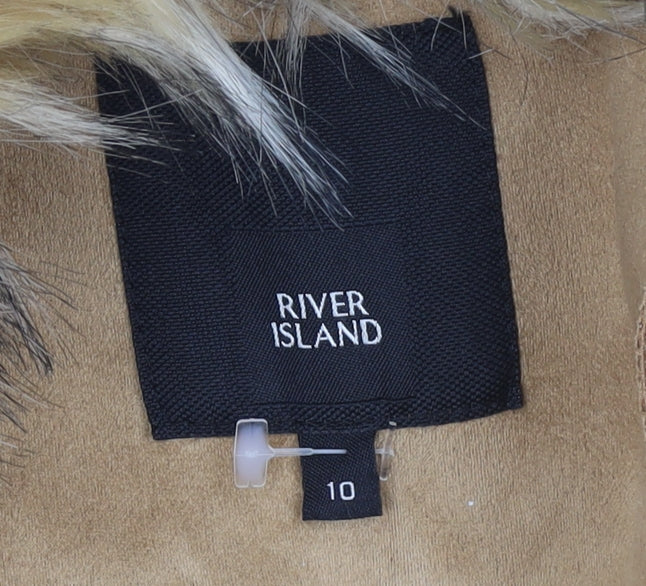 River Island Women Beige Faux Fur Trim Overcoat Size 10