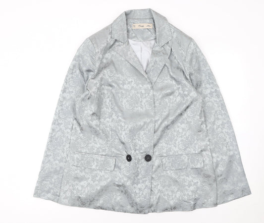 K.Zell Women Silver Floral Jacquard Blazer Jacket L Double Breasted