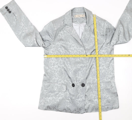 K.Zell Women Silver Floral Jacquard Blazer Jacket L Double Breasted