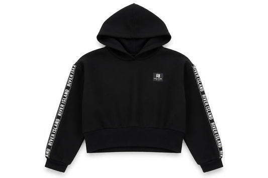 Front view of River Island girls’ black logo hoodie 11-12 years regular fit pullover