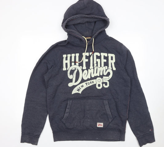 Hilfiger Denim Men's Blue Pullover Hoodie L Logo Graphic Sweatshirt