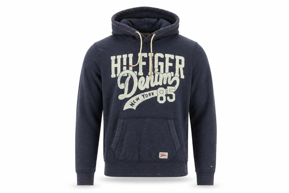 Front view of Hilfiger Denim Men's Blue Pullover Hoodie L Logo Graphic Sweatshirt