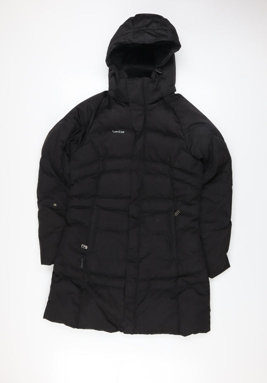 Wedze Womens Black Long Puffer Coat XS Hooded Down Winter Jacket