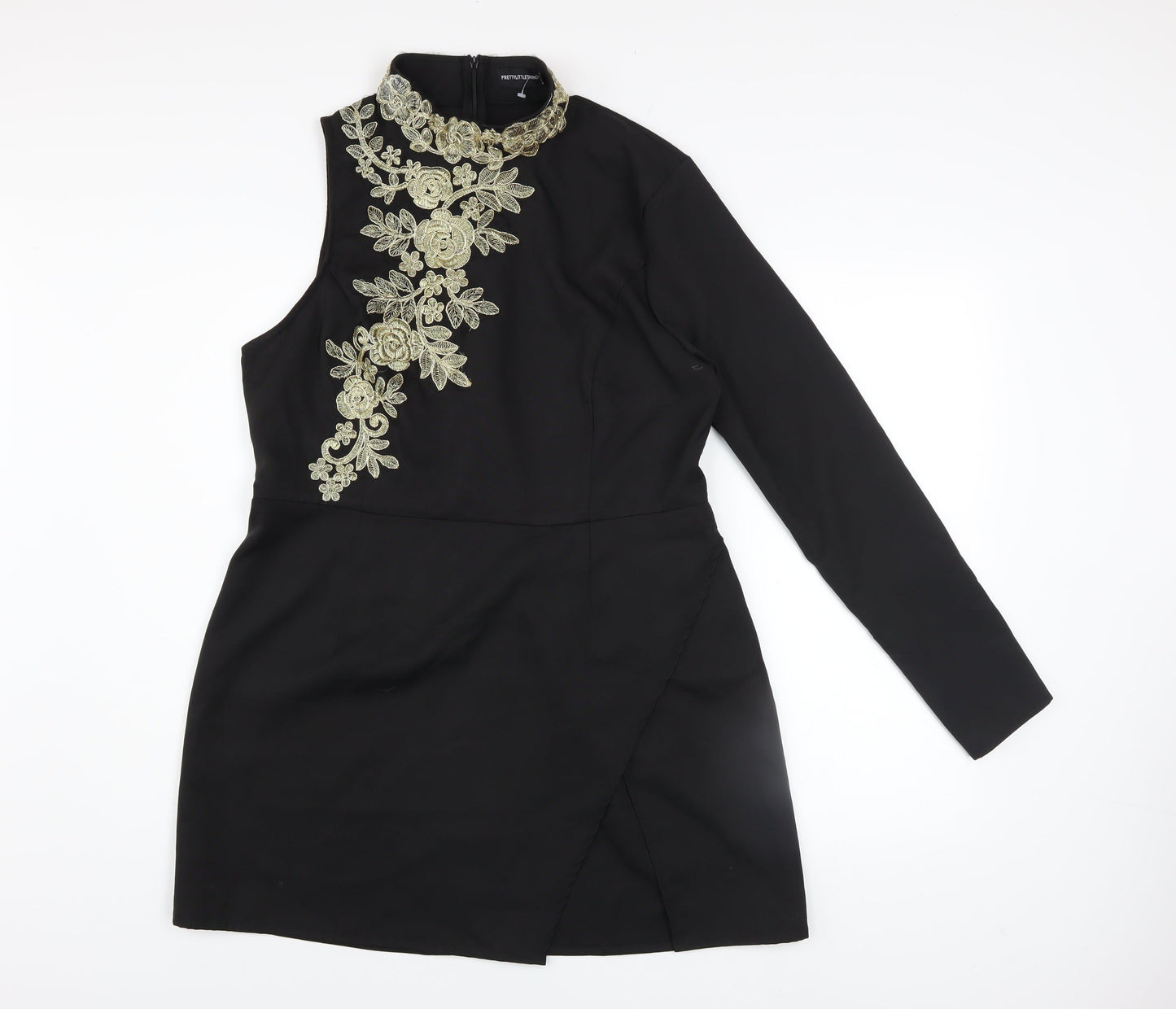 PrettyLittleThing Women’s Black Embroidered Asymmetric Bodycon Dress UK 16