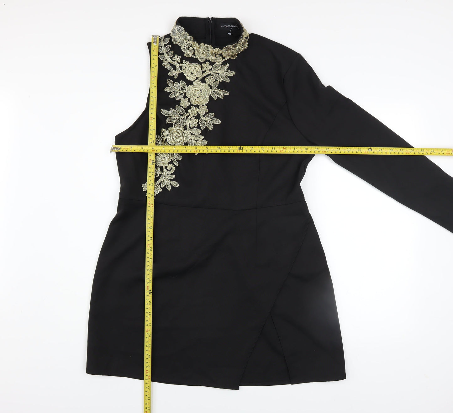 PrettyLittleThing Women’s Black Embroidered Asymmetric Bodycon Dress UK 16