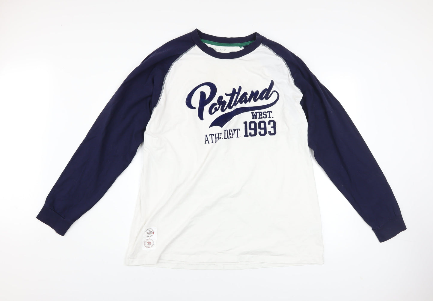 Primark Men's Blue White Long Sleeve Cotton Portland 2XL Graphic Top