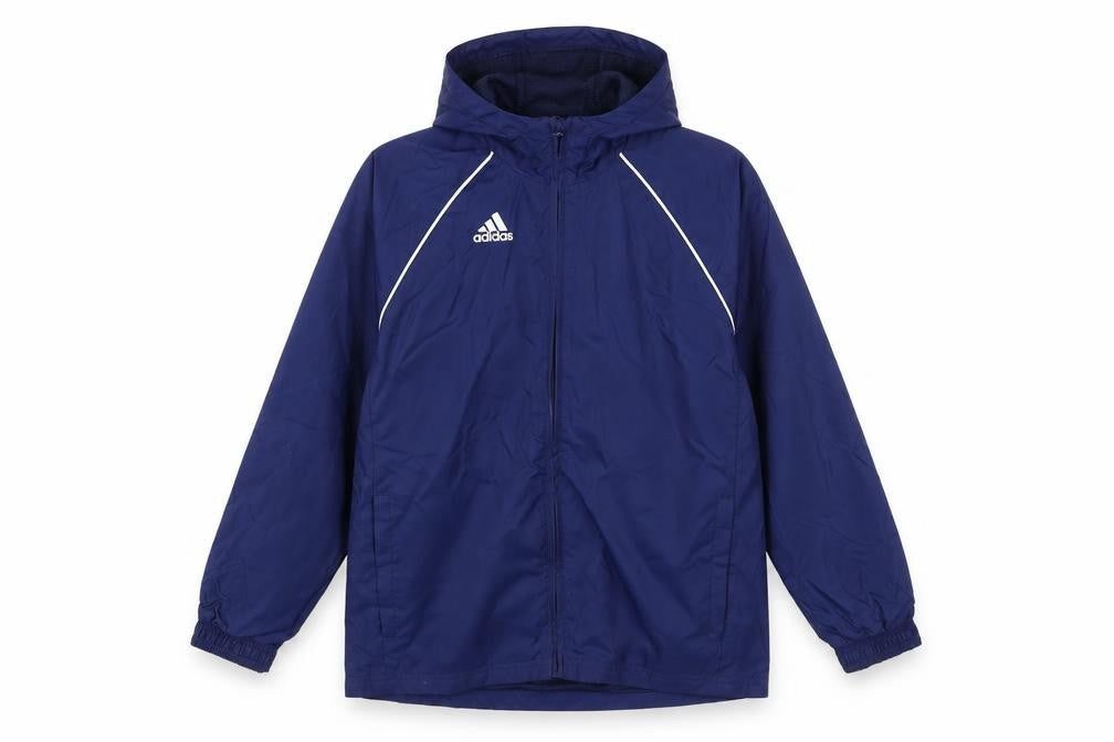 Front view of Adidas boys’ blue windbreaker jacket 9-10 years hooded lightweight zip up