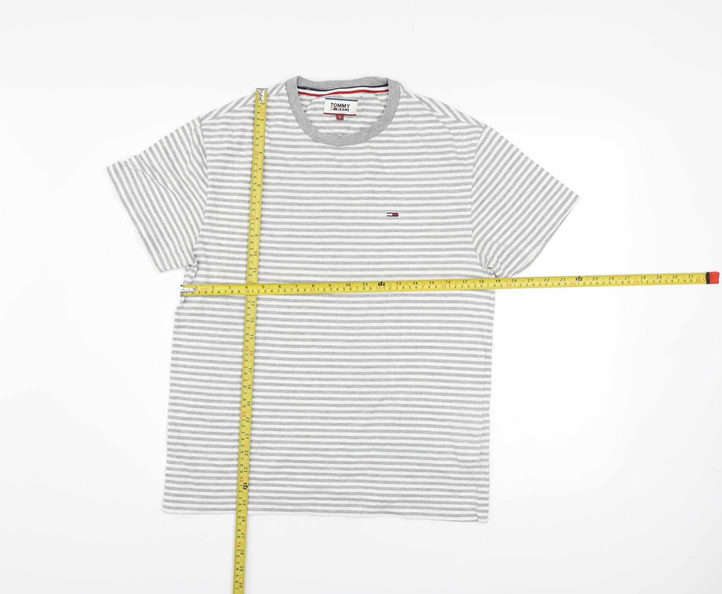 Tommy Jeans Men's Grey White Striped Cotton Crew Neck T-Shirt S