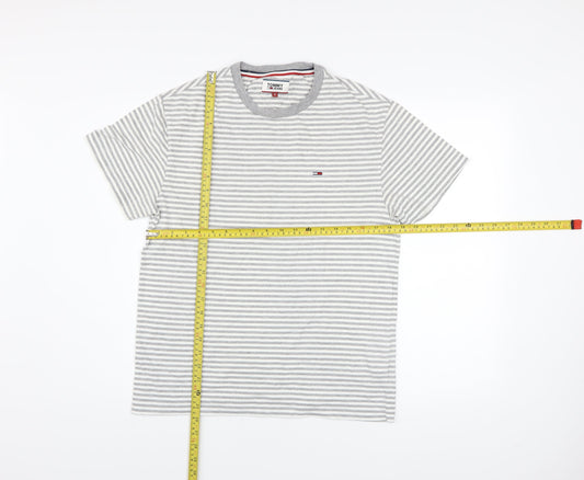 Tommy Jeans Men's Grey White Striped Cotton Crew Neck T-Shirt S