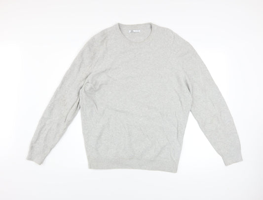 Zara Men’s Grey Cotton Crew Neck Pullover Jumper Size L