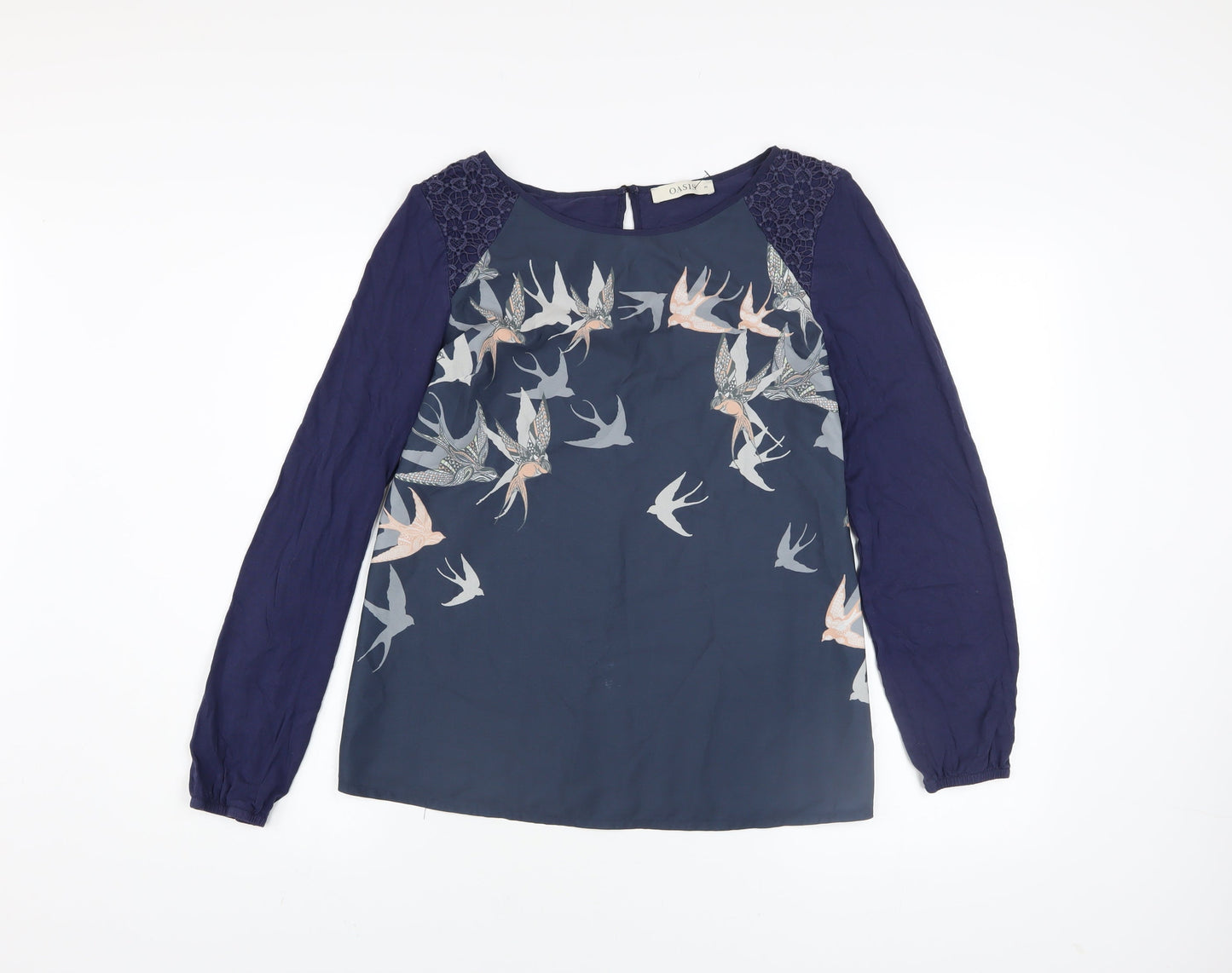 Oasis Women Blue Bird Print Lace Tunic Blouse Size M