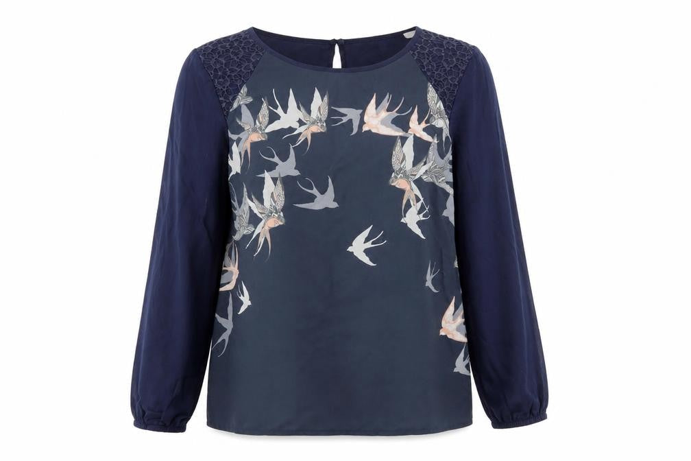 Oasis Women Blue Bird Print Lace Tunic Blouse Size M