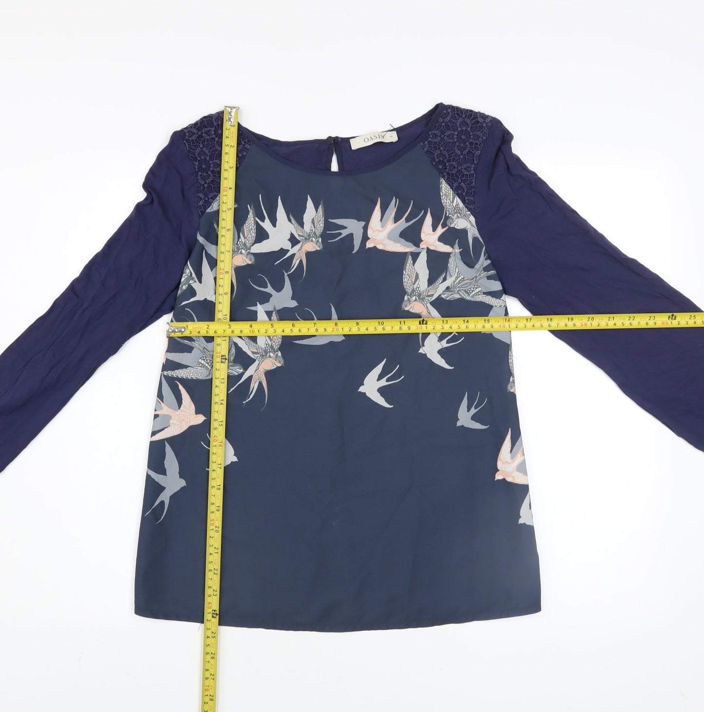 Oasis Women Blue Bird Print Lace Tunic Blouse Size M