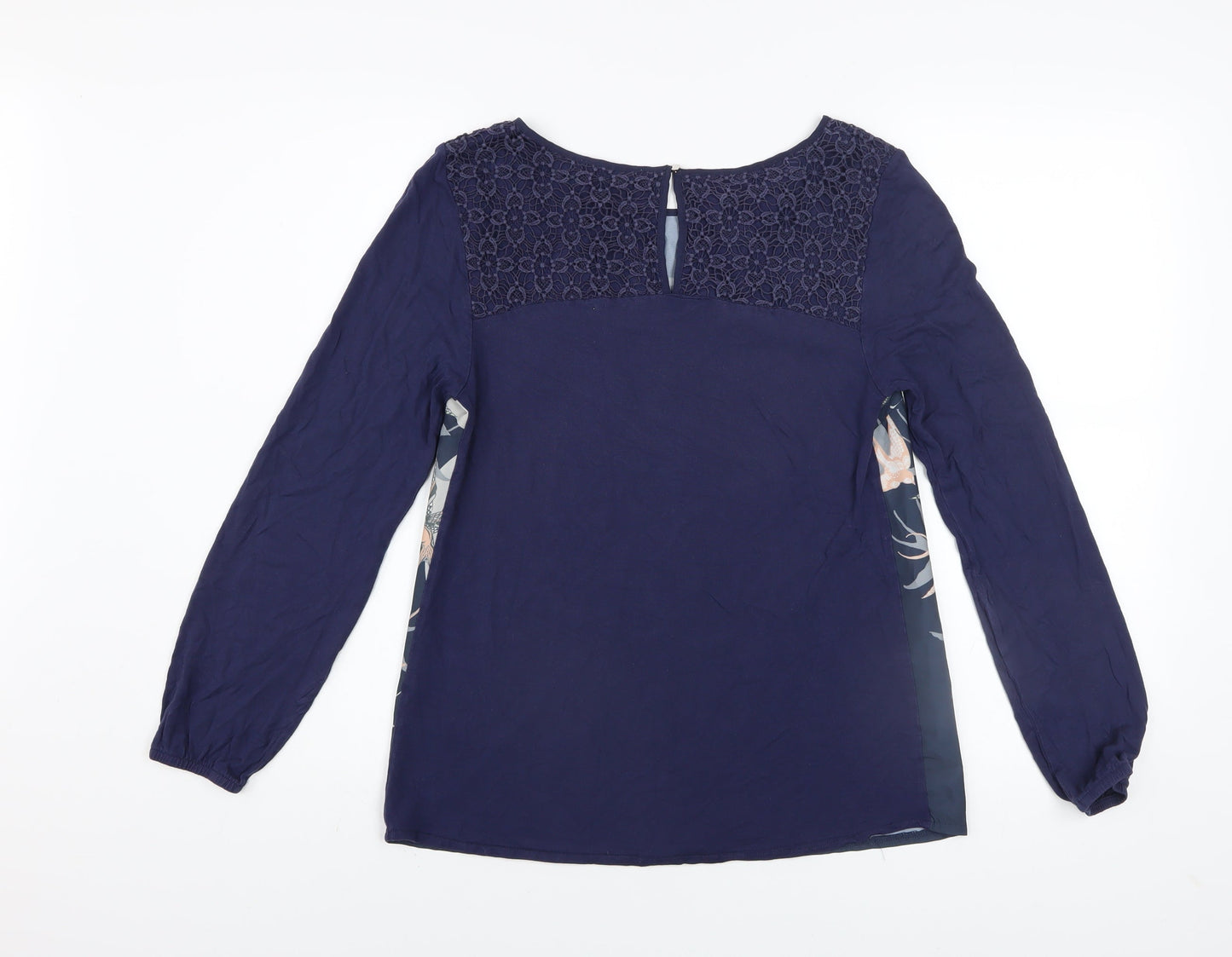 Oasis Women Blue Bird Print Lace Tunic Blouse Size M