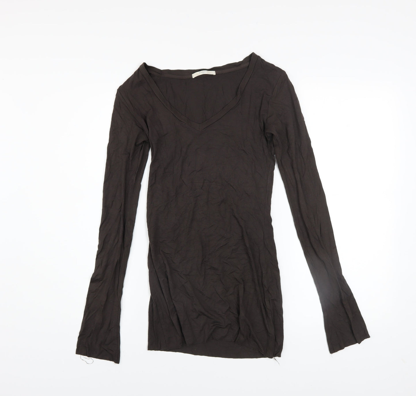 Charli London Womens Brown Long Sleeve V-Neck Stretch T-Shirt Size 8