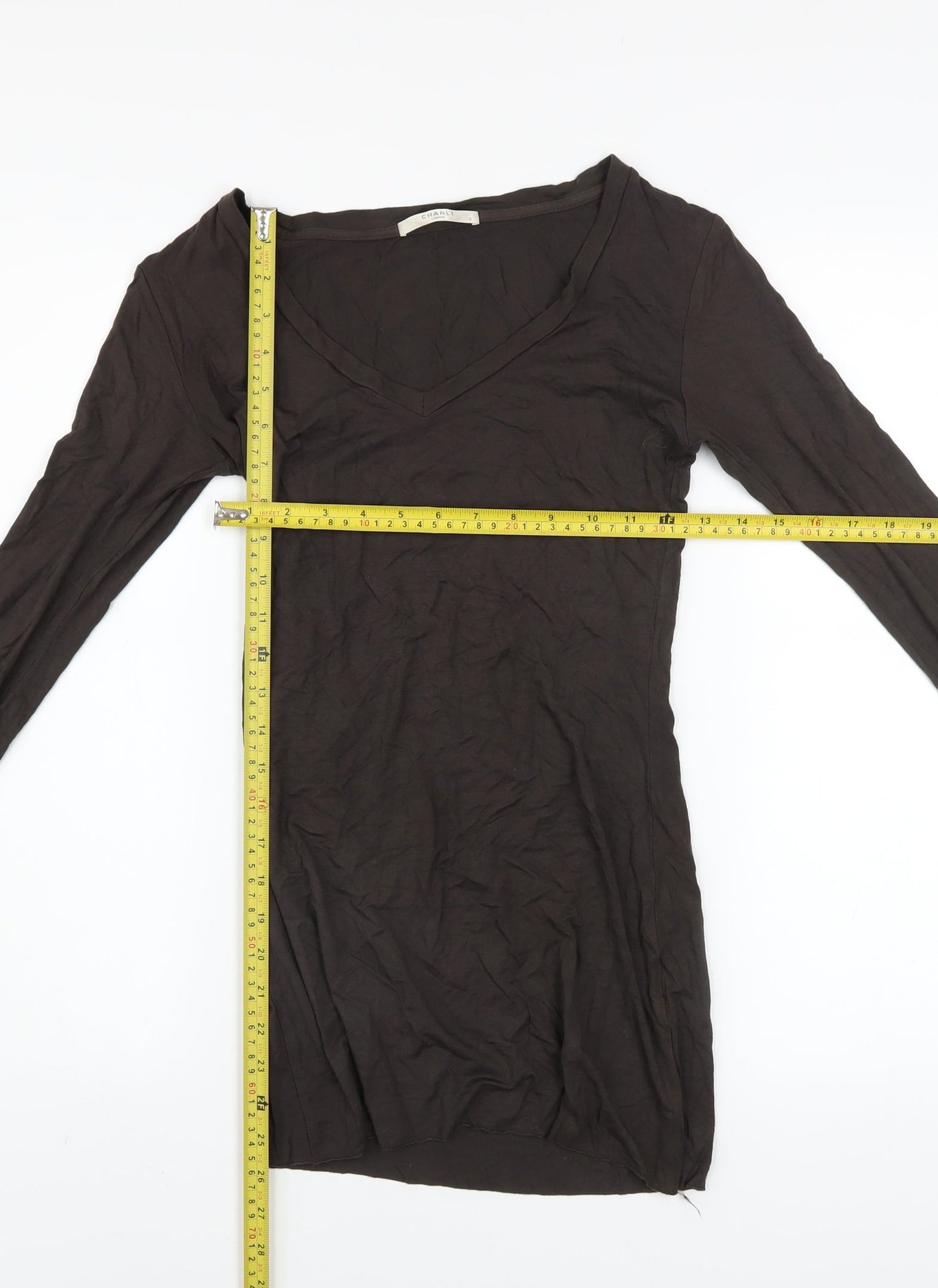 Charli London Womens Brown Long Sleeve V-Neck Stretch T-Shirt Size 8