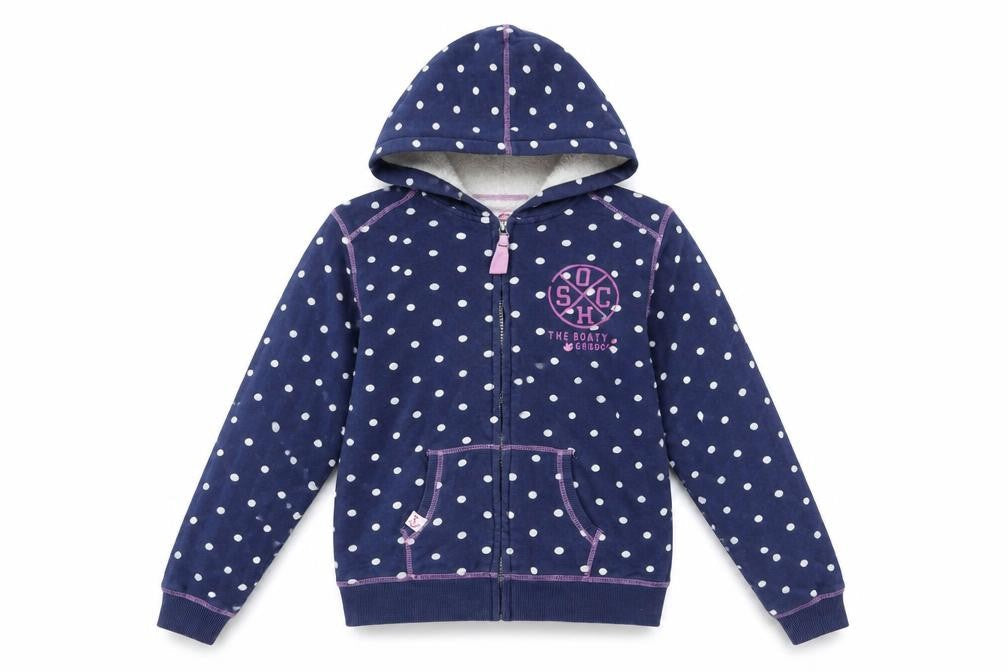 Front view of Lazy Jacks girls’ blue polka dot full zip hoodie 11-12 years nautical anchor design
