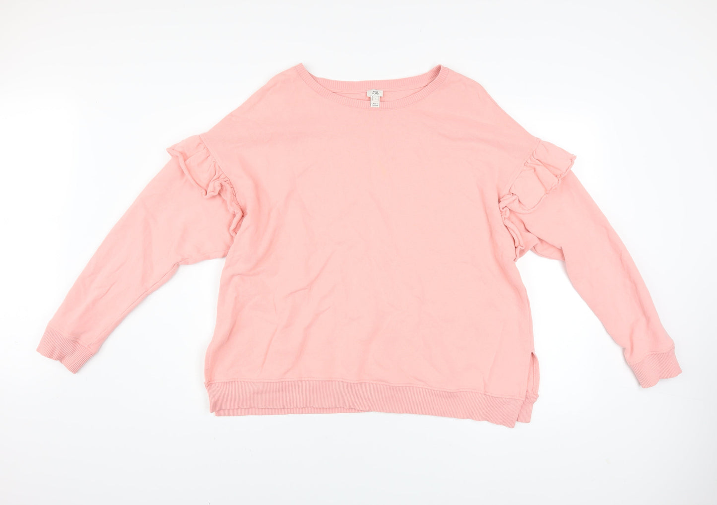 River Island Women Pink Ruffle Long Sleeve Pullover Sweatshirt L