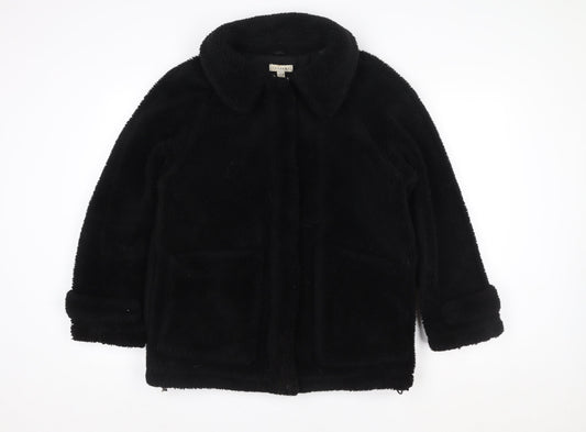 Topshop Women's Black Fleece Zip Coat Size S Classic Mid-Length