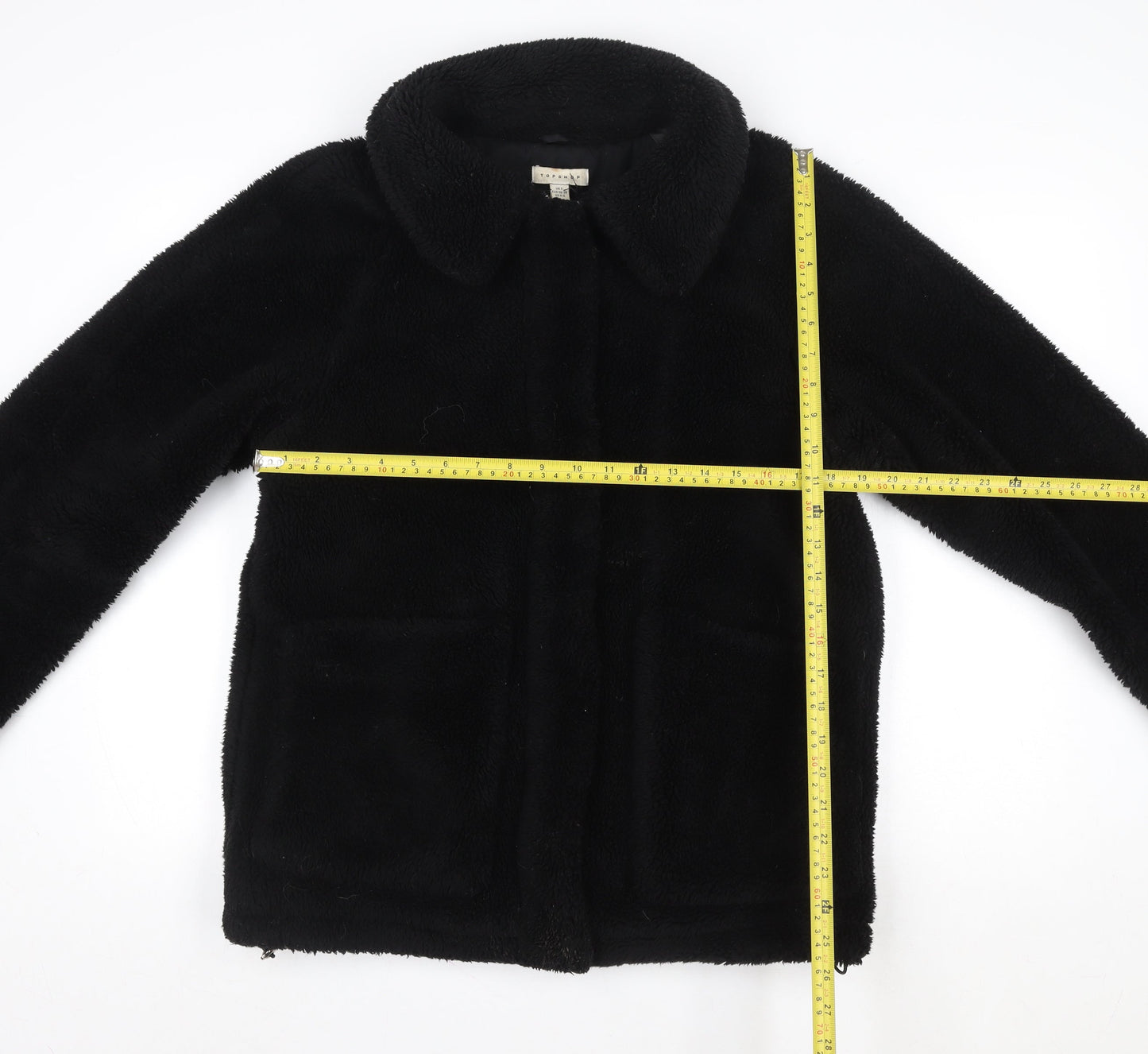 Topshop Women's Black Fleece Zip Coat Size S Classic Mid-Length