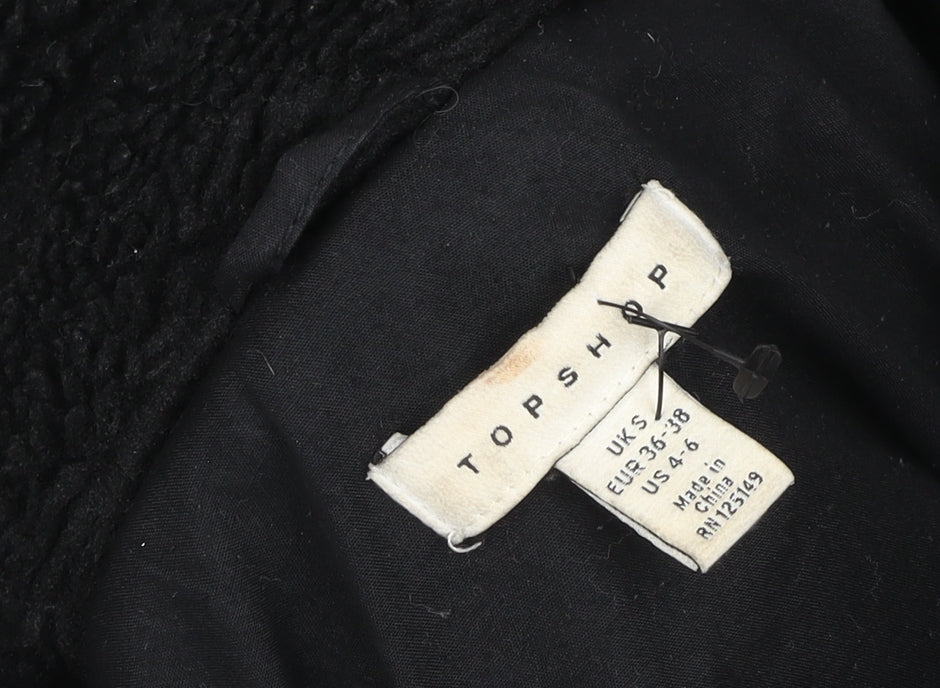 Topshop Women's Black Fleece Zip Coat Size S Classic Mid-Length