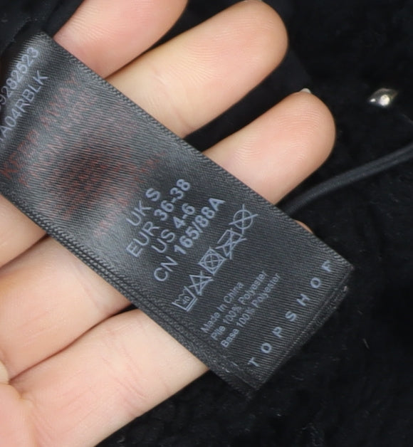 Topshop Women's Black Fleece Zip Coat Size S Classic Mid-Length