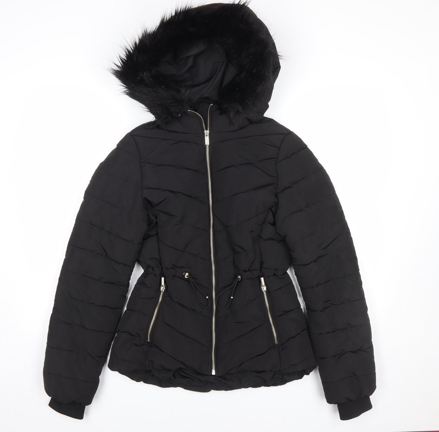 H&M Women’s Black XS Puffer Jacket with Faux Fur Hood