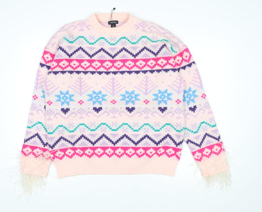 Boohoo Womens Multicoloured Fair Isle Knit Jumper M Crew Neck Winter Pullover